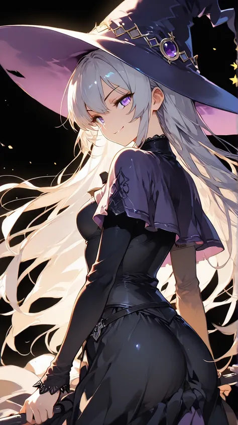 two characters back to back like rivals, a mysterious 30 year old long silver hair female witch with bright light purple eyes wearing high detailed purple medieval clothes with black details and a purple witch hat with black details with a serious expressi...