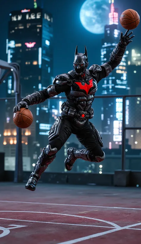 Batman_Beyond_Suit is playing basket  in  gotham city 