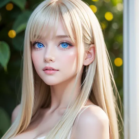 1 cute  girl , solo, high resolution,  long hair,  dazzlingly bright baby blue eyes, bangs,  beautiful blonde, 目の間のbangs, とても long hair,  textured skin,  hair to hide one eye,  shiny hair, Straight Hair, Hair in the eyes, Too much hair,  big breasts,  Brig...