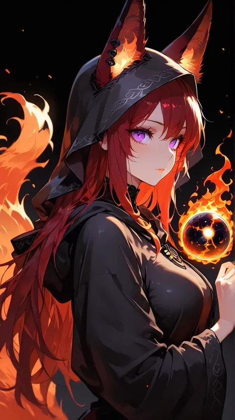  a sinister and michevious female kitsune with long red hair and ears and purple eyes wearing a modern black robe holding a powerful ball of fire, black background,  high detail, high quality, best quality, masterpiece, 8k