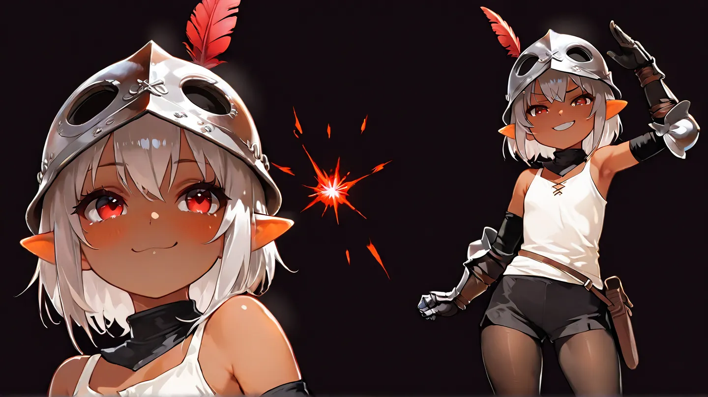 a dwarf size joyful physically thick young short dark skin small-sized girl, with short silver hair and red eyes wearing a medieval helmet with a red feather and medieval full arm gauntlets and knee height tights and a short white tank top and black shorts...