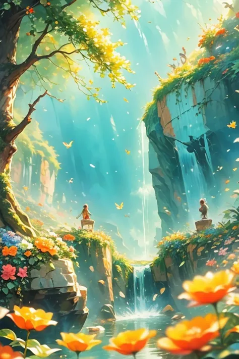  masterpiece , bottomless abyss, colorful flowers and giant trees. Beautiful sky and rocks in the distance. Adventure landscape. highest quality, detailed.