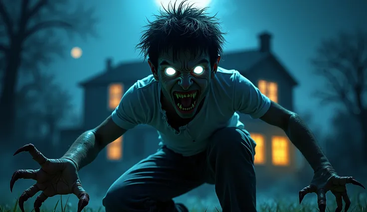 Here is a detailed prompt to recreate this image:

"A terrifying boy crouches in front of a dark, eerie house at night. The creature has glowing white eyes, a snarling mouth with sharp fangs, and wild, unkempt hair. Its muscular arms stretch forward with e...