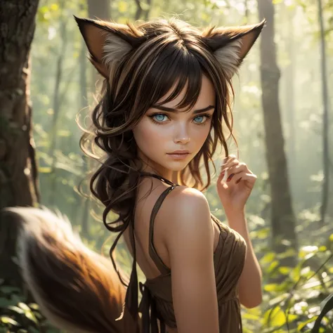 Create a realistic image of a character from a fantasy world.
A beautiful young female Zwiwer is a unique being that combines humanoid and animal traits, feminine shapes. She has smooth skin with a slightly light brown skin tone, and delicate, furry patche...