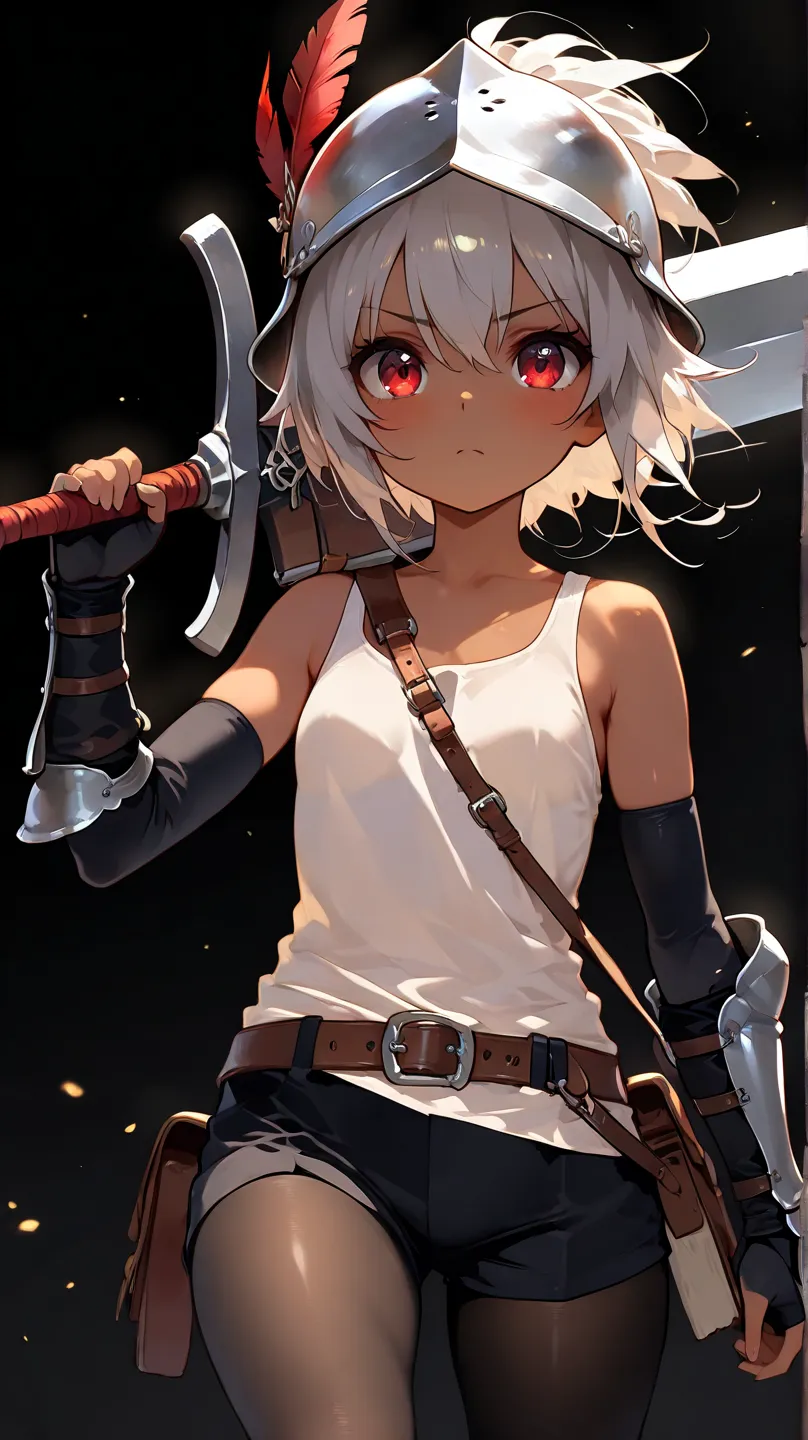 a dwarf size joyful physically thick young short dark skin small-sized girl, with short silver hair and red eyes wearing a medieval helmet with a red feather and medieval full arm gauntlets and knee height tights and a short white tank top and black shorts...