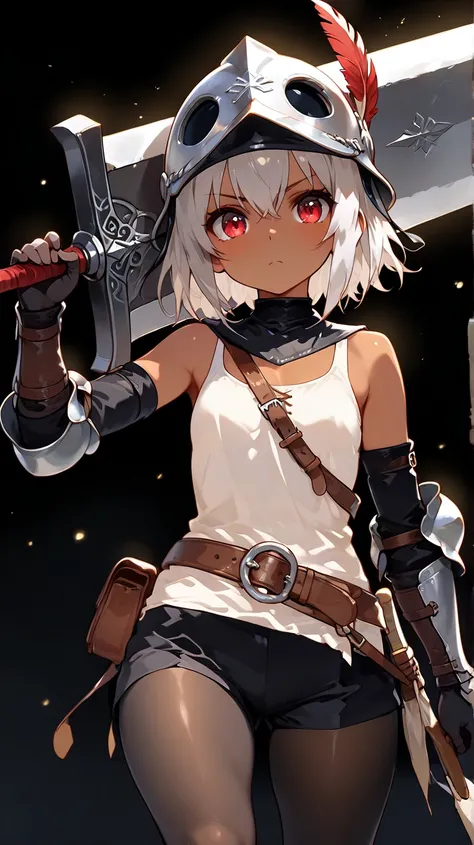 a dwarf size joyful physically thick young short dark skin small-sized girl, with short silver hair and red eyes wearing a medieval helmet with a red feather and medieval full arm gauntlets and knee height tights and a short white tank top and black shorts...