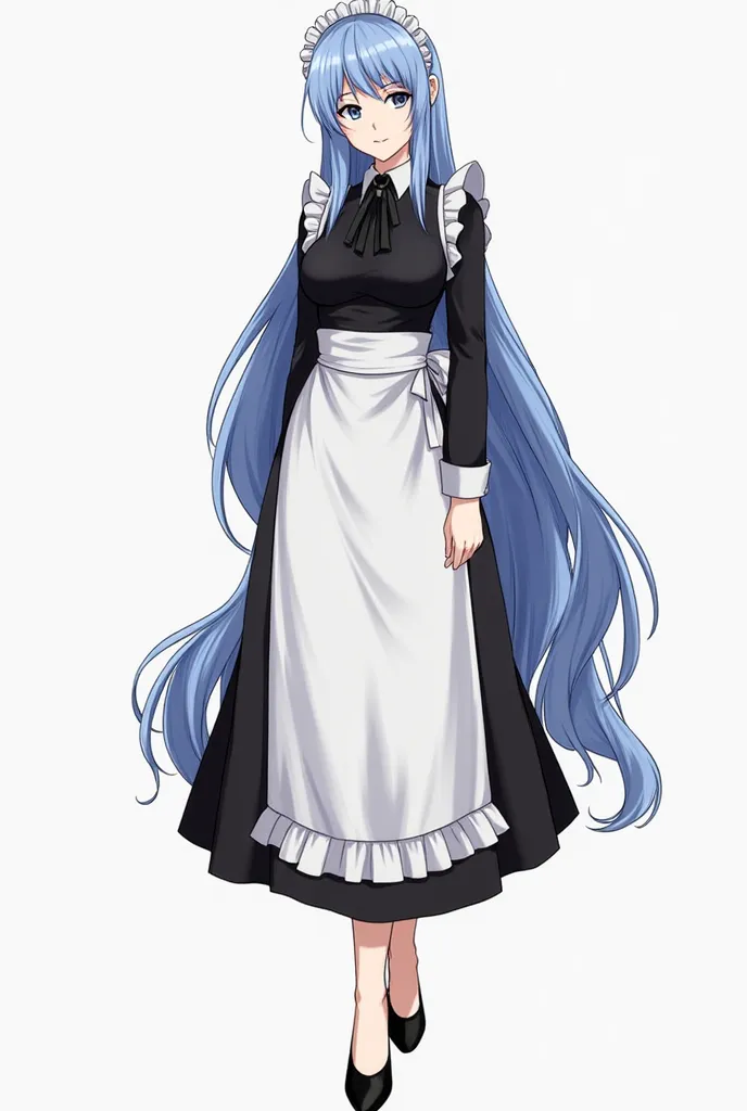 Flora the servant from the video game Fire Emblem Fates, with long blue hair that reaches her waist, gray eyes, large C cup breasts and dressed in a black servant outfit with a white apron, black ties and black heels