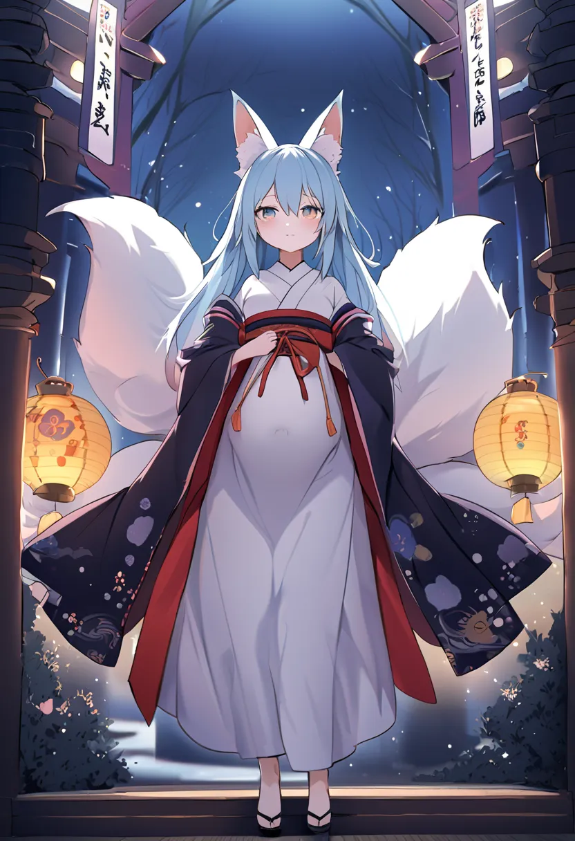 torii　Shrine maiden　Nine-Tailed Fox　fox Light blue hair 　beast girl　indigo fur　fox beast girl　fox Light blue hair 　beast girl　indigo fur　fox beast girl　Wallpaper 4k,8k,highly detailled,,vivid colors,detailed kitsune with 9 tails,traditional Japanese artwor...