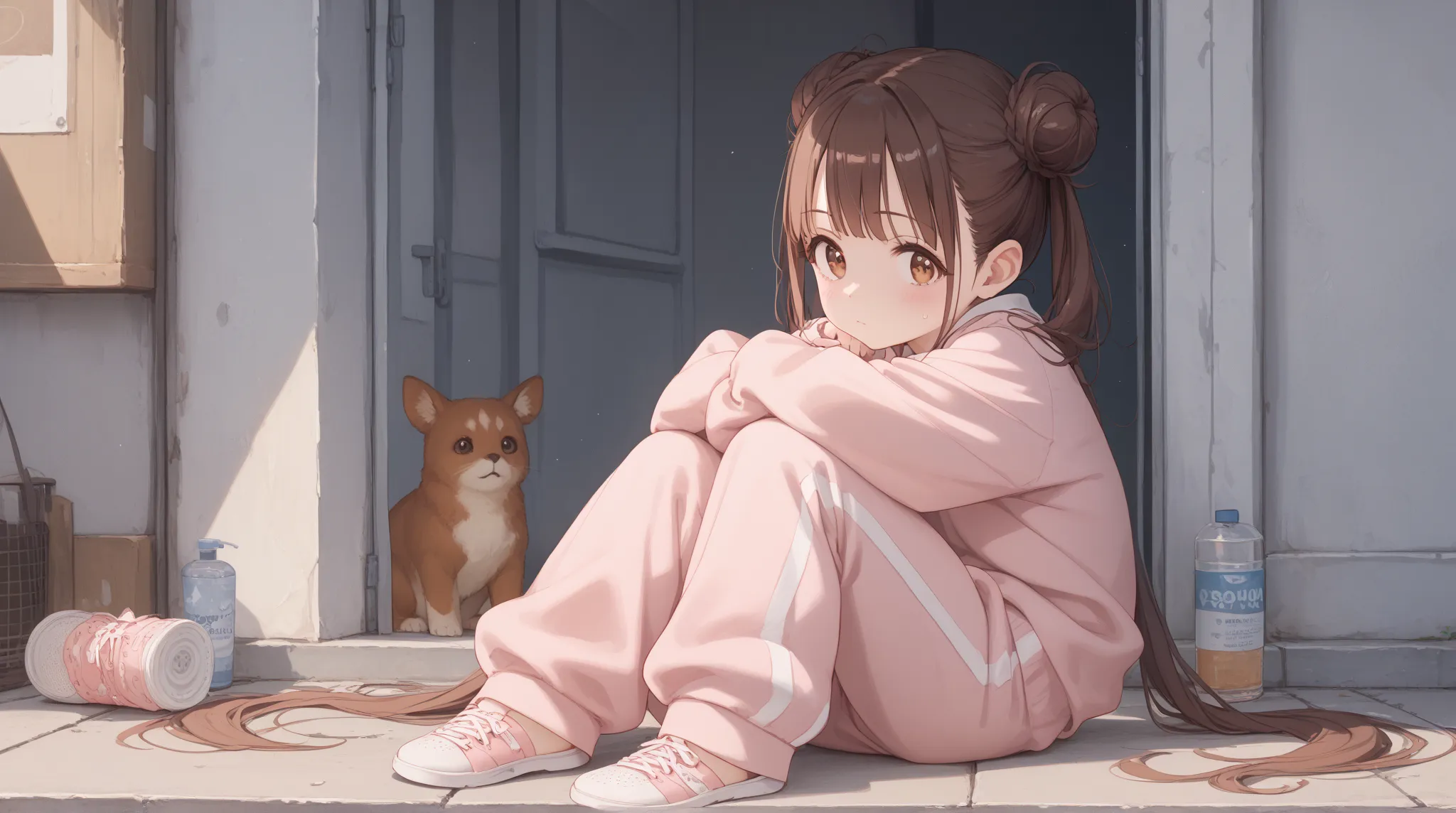 (shiny body=:1.0),(full body=:1.0),(1 girl,sonoda chiyoko,double bun,twintails,brown eyes,brown hair=:1.0),(Oversized Sweatpants   =:1.0),(ultra detailed,best quality,absolutely resolution=:1.0)