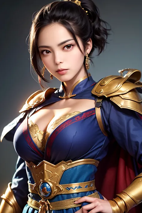 close-up of a woman wearing armor and a golden cape up to the waist , 1 person,  cute ponytail  ,20 years old, (((Real Face))), slightly larger breasts and cleavage,  reveal cleavage,Scary face,  very detailed face and skin textures ,  staring at the camer...