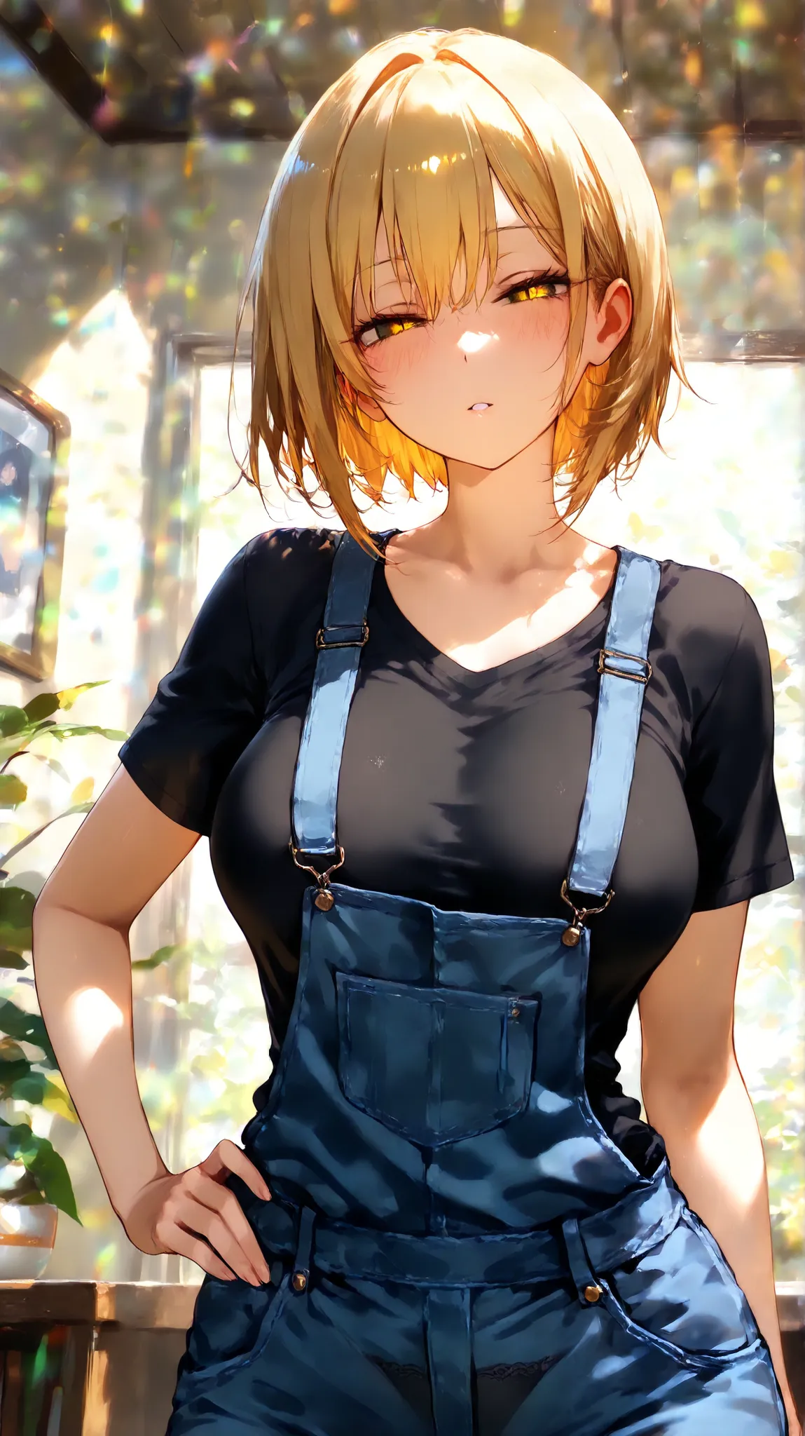 overall character portrayal, whole body, 1girl, bewitching, beautiful, cool, Downer type, university student, beautiful breasts, slender, like a model, high height, golden hair, short hair, short bob, hair hanging over one ear, golden eyes, slanted eyes, o...