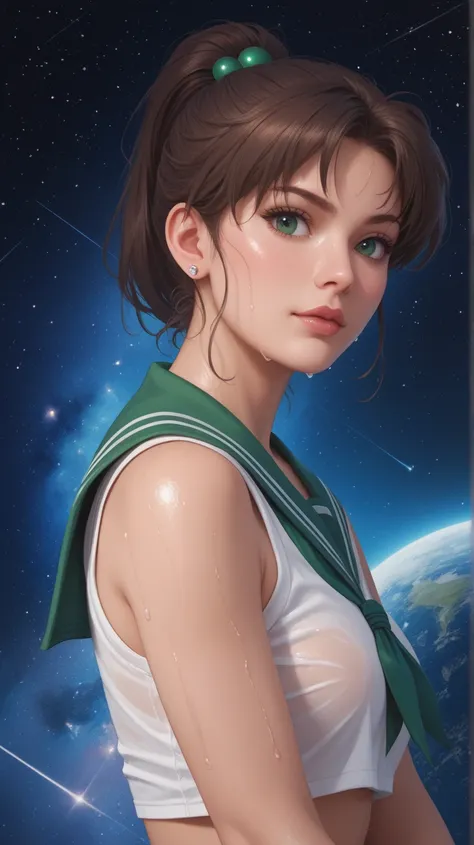 Sailor Jupiter dedeandose,  Perfect body, totally naked, sweaty, Detailed face, space background