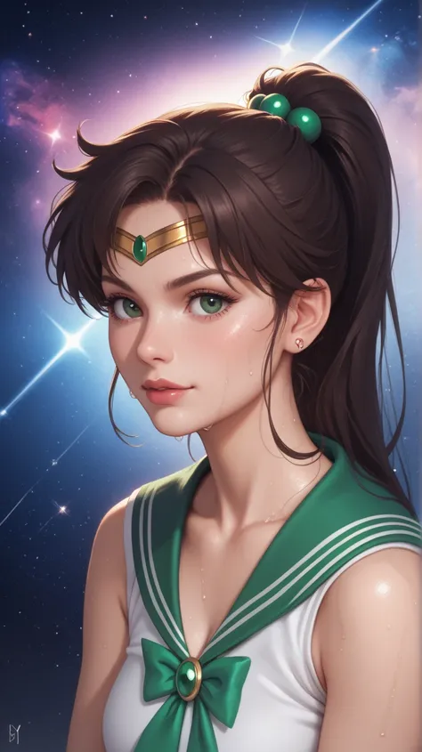 Sailor Jupiter dedeandose,  Perfect body, totally naked, sweaty, Detailed face, space background