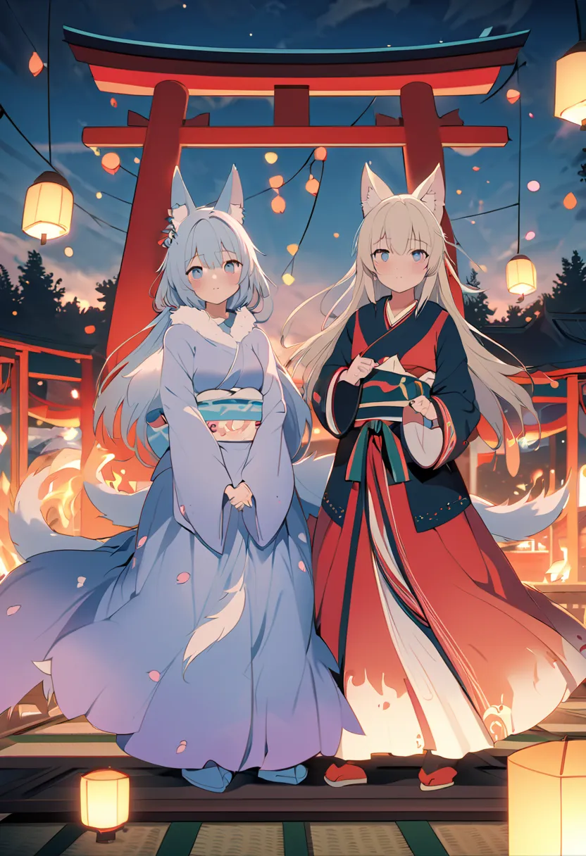 torii　Shrine maiden　Nine-Tailed Fox　fox Light blue hair 　beast girl　indigo fur　fox beast girl　fox Light blue hair 　beast girl　indigo fur　fox beast girl　Wallpaper 4k,8k,highly detailled,,vivid colors,detailed kitsune with 9 tails,traditional Japanese artwor...