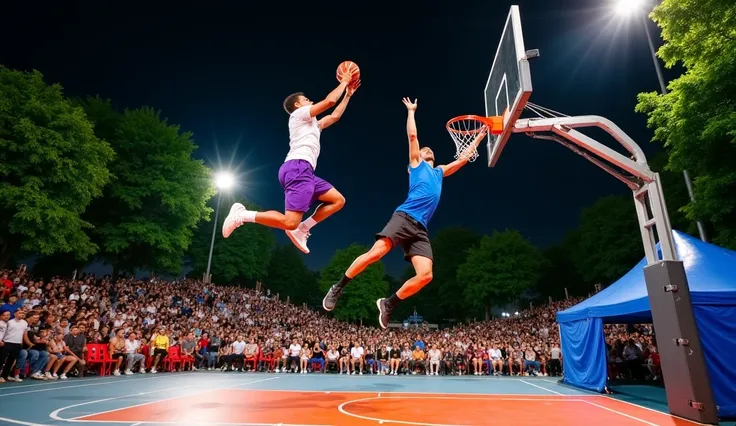 A high-energy outdoor basketball dunk contest at night, with a large crowd watching. The camera captures the scene from a slightly low angle, emphasizing the height of the jump and the intensity of the moment. The main subject is a player wearing a white t...