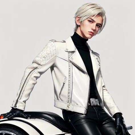 ((Final fantasy taste and reality graphics)), ((Japanese young cute and cool ikemen  boy)), his age is early 20s, thin eyebrows and beady eyes,, (((((boy wearing cream-white color thick leather, and single-brest double zipper jacket))))), ,(((((leather jac...