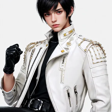 ((Final fantasy taste and reality graphics)), ((Japanese young cute and cool ikemen  boy)), his age is early 20s, thin eyebrows and beady eyes,, (((((boy wearing cream-white color thick leather, and single-brest double zipper jacket))))), ,(((((leather jac...