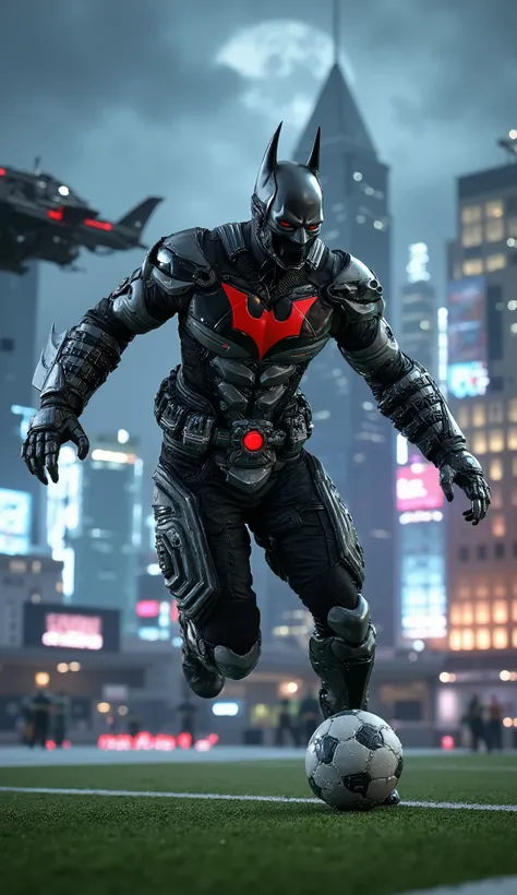 Batman_Beyond_Suit is playing soccer  in  gotham city 