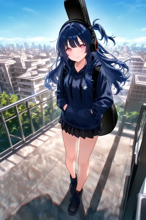  dark blue hair、 Unkempt Hair、 long hair、 side tail、 has poor eyesight、Pale pink eyes、rock、 dark blue hoodie 、 black miniskirt inserted from behind、guitar case、Buildings、City、On the roof of a huge building、Carrying a guitar case with a white fence、blue sky...