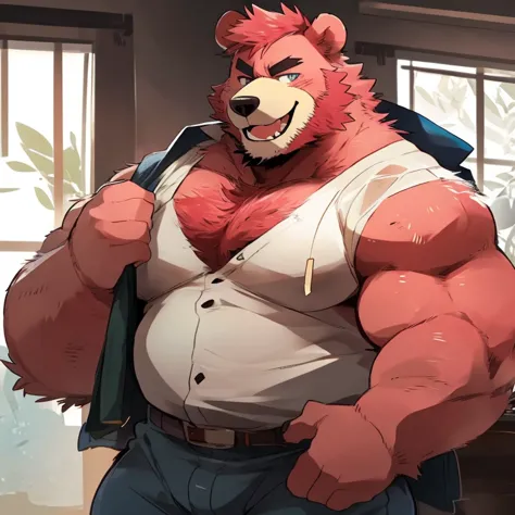 bear, furry, pink fur, handsome, very muscular, very big, extremely hot and sexy, beard, hair, chest hair, charming eyes, solo, male, happy expression, daddy, full body, big body, clothes, middle aged, by hyaku, by darkgem, by glitter trap boy