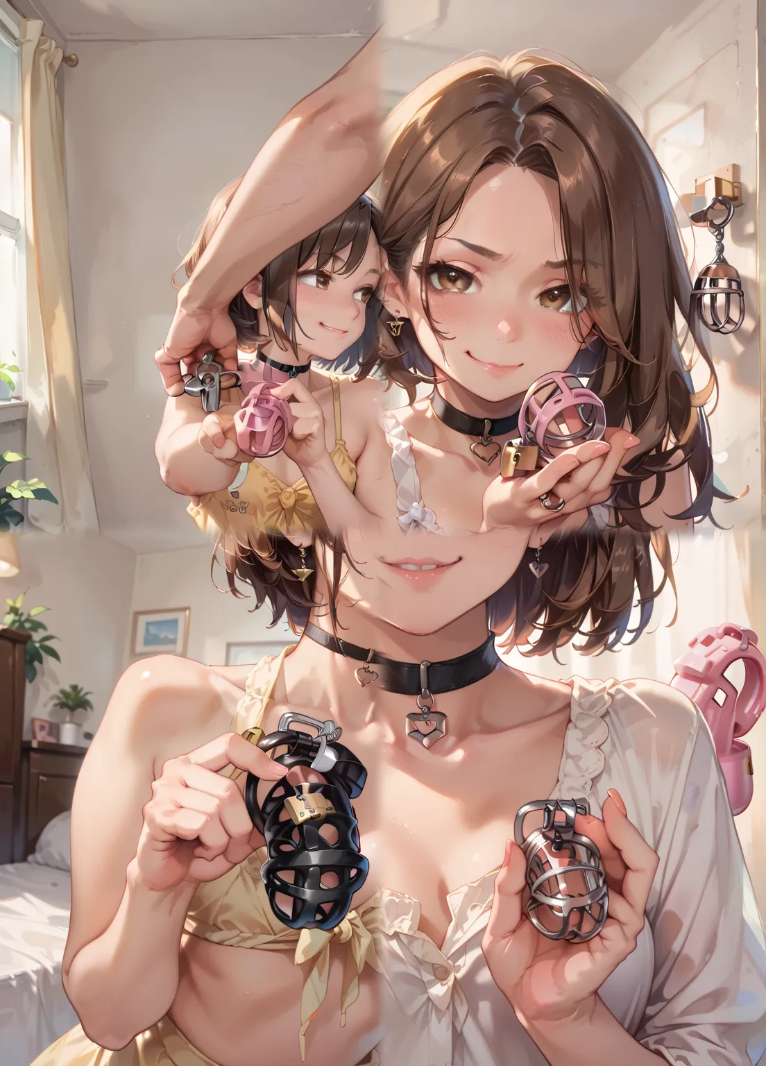 score_9, score_8_up,  highly detailed, 1girl, smirk , blush, ((holding chastity cage:1.5)),  choker, brown hair, short hair, 