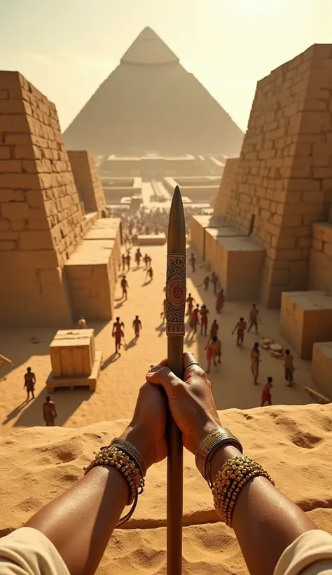 "POV of an ancient Egyptian pharaoh standing atop a sandstone platform, observing workers and slaves building massive pyramids under the scorching sun. In front of them, groups of laborers drag enormous limestone blocks using ropes, while others chisel sto...