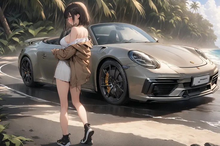 (masterpiece, detailed:1.2), One Girl, (18-years old), brown long Bob Cut, Medium Breasts, off shoulder,BREAK, Highest quality, on a Hawaiian road, BREAK, standing, "Porsche 911 spider", 