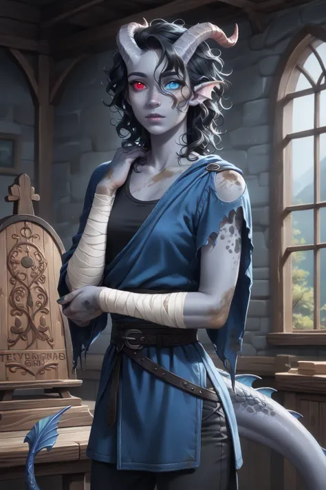 (Cedar tree is tall next to it), (1 adult Tiefling girl,  dark blue-gray skin :1.7), (35 years old:1.5), (One:1.3), (, a curl of medium-length black hair covers his right eye:1.4), ( portrait:1.2), (stands with an empty wide wooden plaque in two hands:1.4)...