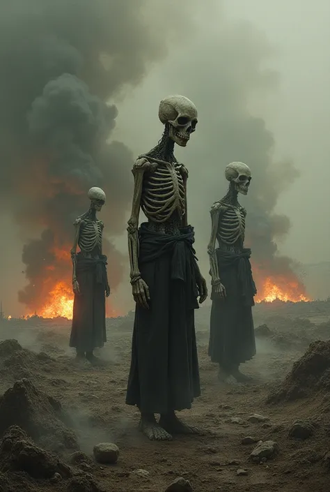 ren with skull heads in a landscape of war and explosions