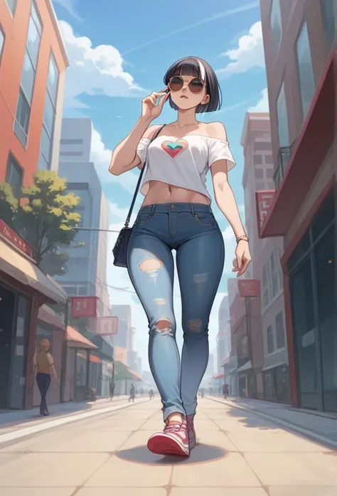 girl, solo, tall height, short hair, blunt bangs, shiny hair, streaked hair, half updo, asymmetrical hair, (((round small-sunglasses))), bare shoulders, collarbone, medium breasts, bare navel, shoulderless t-shirts, (low-rise jeans), stretch jeans, pre-rip...