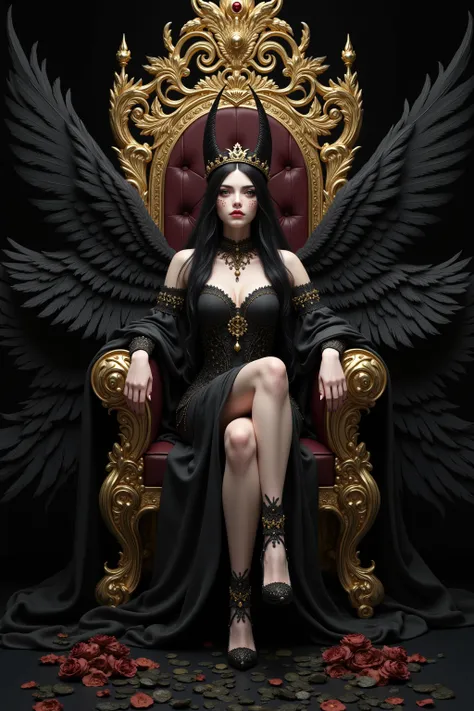 Arafat woman sits on a throne with a crown and feathers,  digital art， inspired by Hedi Xandt ,  CGSociety Contest Award Winning Works, Gothic Art , Beautiful and elegant demon queen , sitting On her throne , On her throne ,  Sitting on a gold-plated thron...