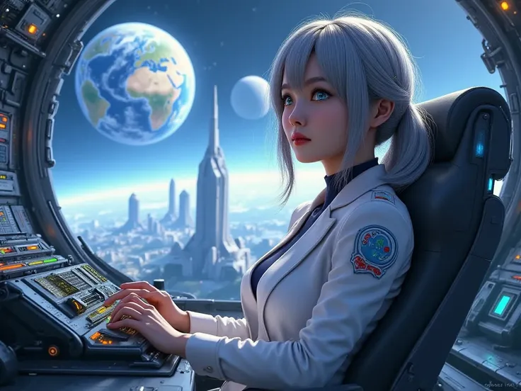 a masterpiece ,Space and astronauts, tied wavy silver hair, blue eyes , a female astronaut Inside the spacecraft cockpit,she pilot the space ship. futuristic high tech space station, behind her are huge window show planet earth , full of futuristic technol...