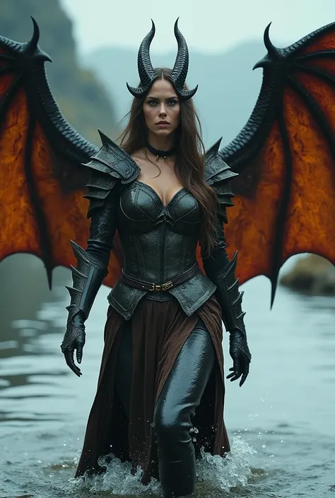 human-dragon hybrid, furious woman with dragon wings and dragon horns, no helmet, (human head:1), dragon scale armour, dragon scale opera gloves, battered medieval style armour, walking in the water,  fantasy art, cinematic goddess body shot, fantasy photo...