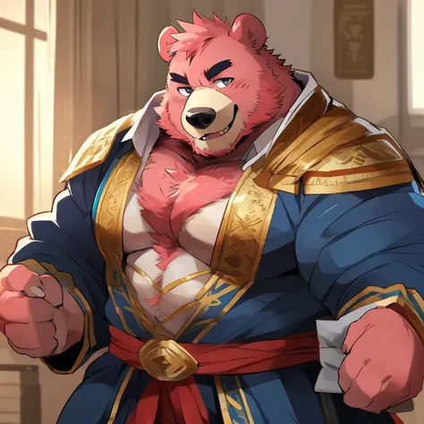 bear, furry, pink fur, handsome, very muscular, very big, extremely hot and sexy, beard, hair, chest hair, charming eyes, solo, male, happy expression, daddy, full body, big body, white medieval clothes, middle aged, by hyaku, by darkgem, by glitter trap b...