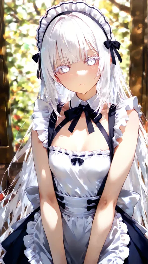 overall character portrayal, whole body, 1girl, like transparent, pretty, attractive, cool, no expression, inorganic, bold, aggressive, like a doll, mysterious, beautiful, russian, small height, slender, a little small breast, beautiful body, monotone maid...