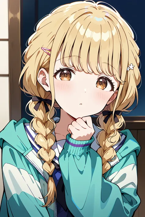 kotone-default,fujita kotone,brown eyes, blonde hair,twin braids,hair ornament,(white hairclip:0.8)