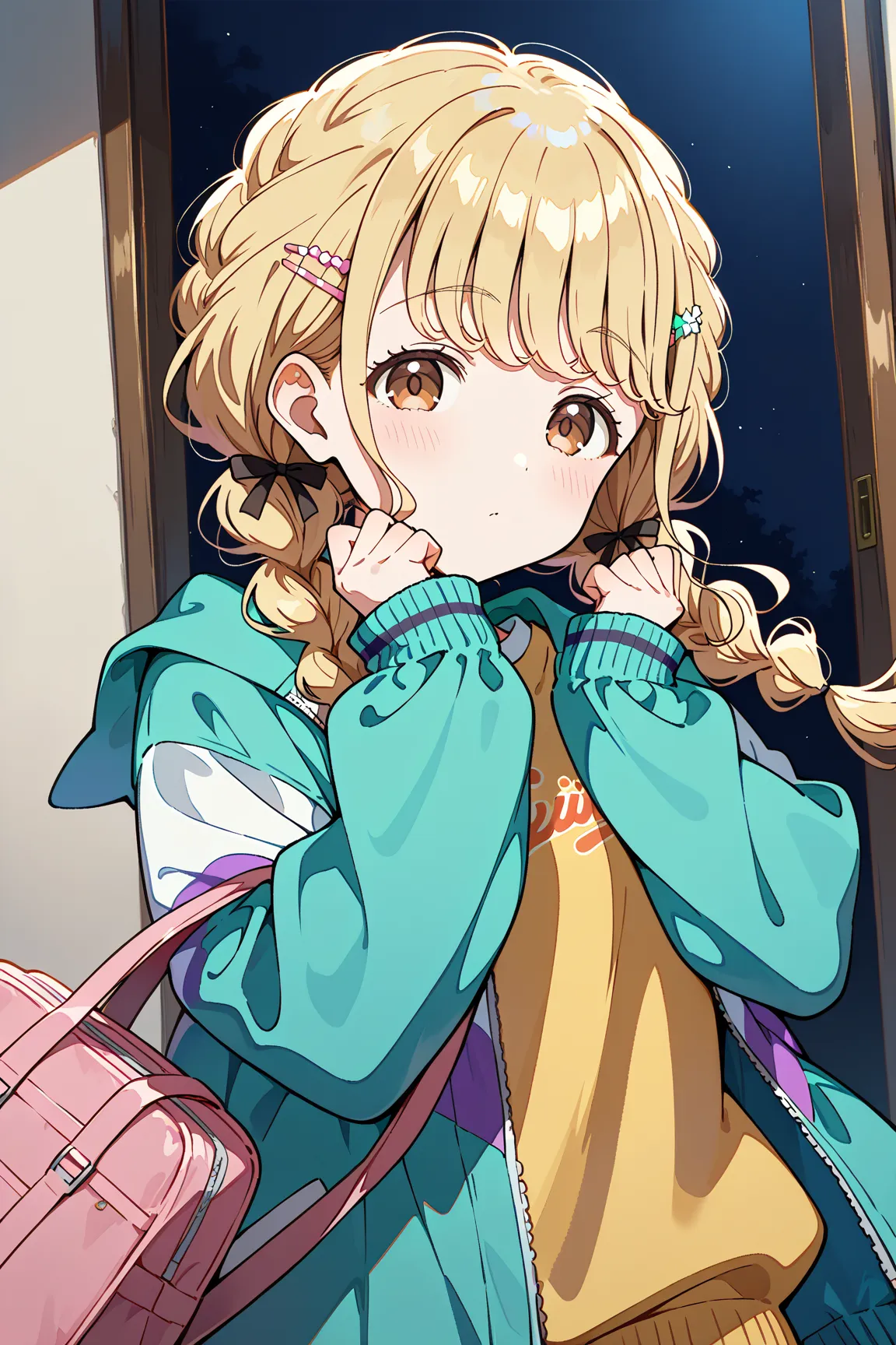 kotone-default,fujita kotone,brown eyes, blonde hair,twin braids,hair ornament,(white hairclip:0.8)