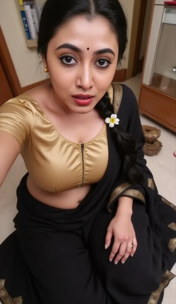 Pov camera view, long shot photo of Indian milf on her knees, looking at camera, with lust in her eyes, black hair tied around, flowers in head,sandal mark on forehead, sindhur on forehead (vermilion mark on forehead in the middle of hair partition,black s...