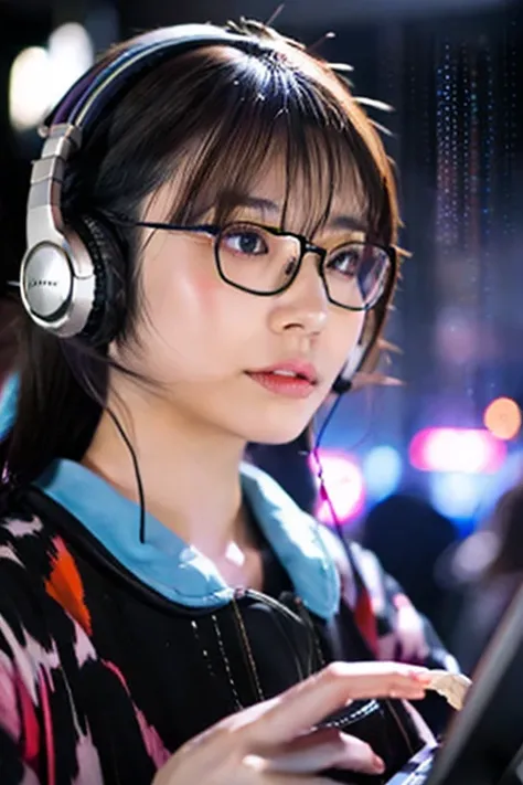 A Japanese Lady, glasses, dj, with headphone, in the club, cyber punk, kawaii, very short cut