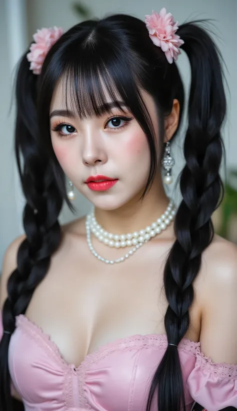 32k, Masterpiece, Top Quality, (Korea's Beautiful Women) Gothic lolita portrait, long black braided pigtails, flower hair accessories, pale skin, rosy cheeks, blue eyes, pearl earrings, choker necklace, layered necklaces, black lace gloves, off-shoulder pi...