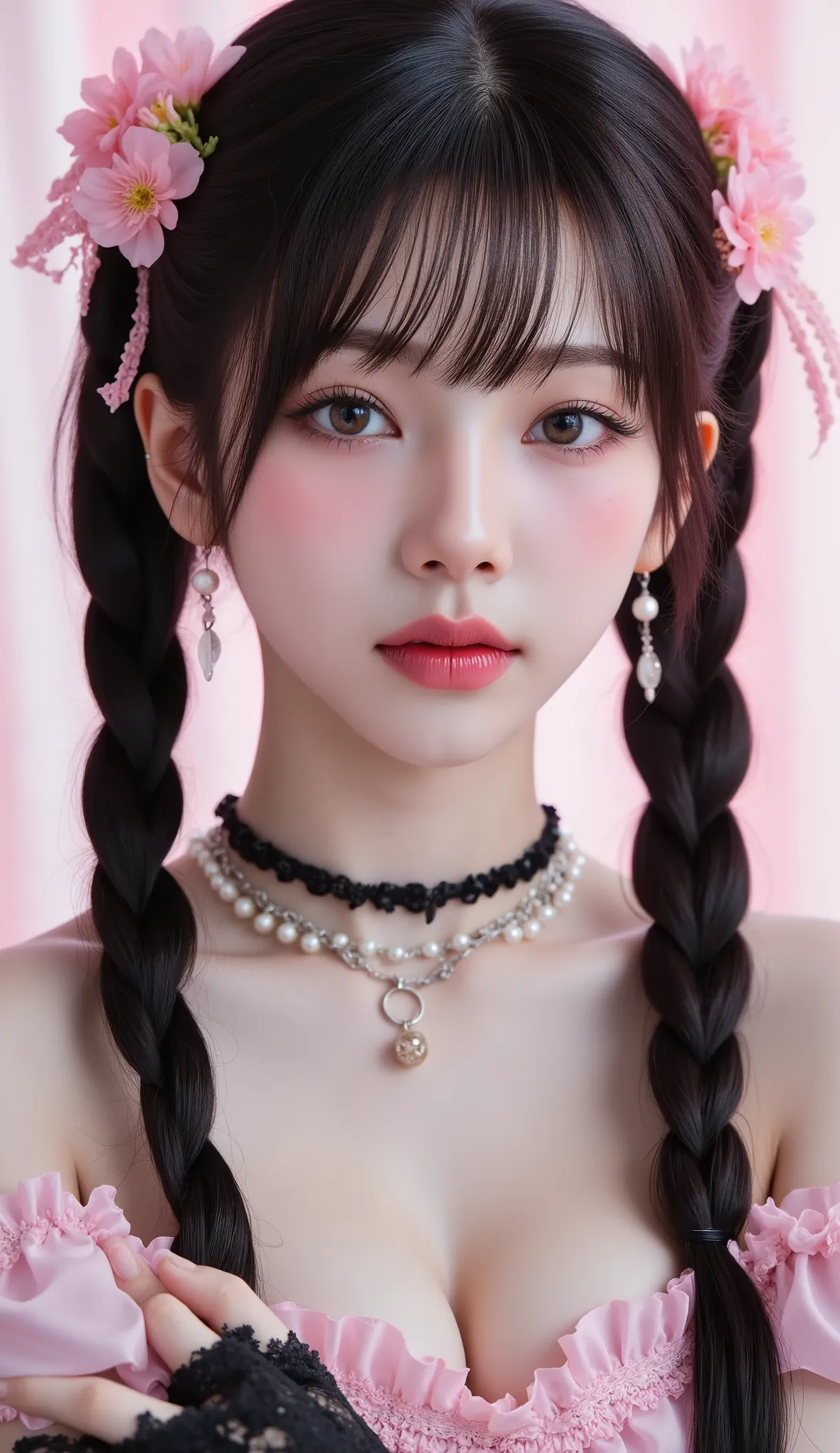 32k, Masterpiece, Top Quality, (Korea's Beautiful Women) Gothic lolita portrait, long black braided pigtails, flower hair accessories, pale skin, rosy cheeks, blue eyes, pearl earrings, choker necklace, layered necklaces, black lace gloves, off-shoulder pi...