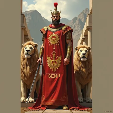 A majestic Achaemenid tall and handsome king (with my face), . standing alongside mythical Persian creatures (griffins, lions), wearing golden armor with ancient Persian patterns, holding a Lion and Sun flag with "GENU" written clearly in bold letters, Per...