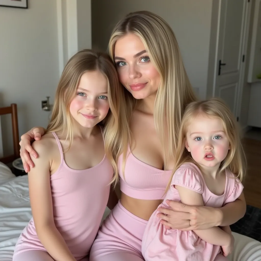 a beautiful pale skinned MILF with light diaphonous blond hair, soft European features, full lips and a seductive facial expression)), (wearing light pink stretched pajamas, off shoulder ribbed camisoles) (crop top de pijama), ((((30-year-old woman with he...