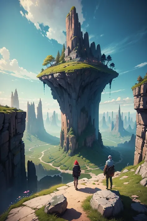  masterpiece, fantasy environment, bottomless abyss, colorful flowers and giant trees with human figures.  beautiful sky and rocks in the distance. Adventure landscape .  Top quality ,  Detailed.