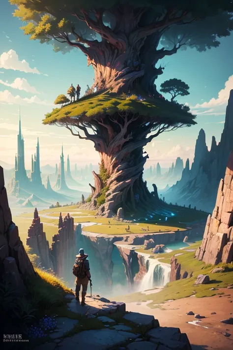  masterpiece, fantasy environment, bottomless abyss, colorful flowers and giant trees with human figures.  beautiful sky and rocks in the distance. Adventure landscape .  Top quality ,  Detailed.