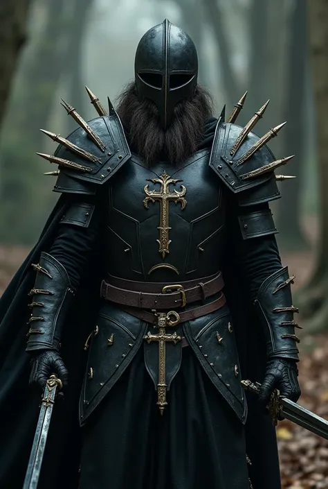 Paladin Hunter of the Living Dead wielding two swords correctly, with both hands in natural and realistic positions.
Equipped with BLACK Gothic armor with metal spikes and religious symbols.
Without a helmet , long hair and beard and between 30 and 40 year...