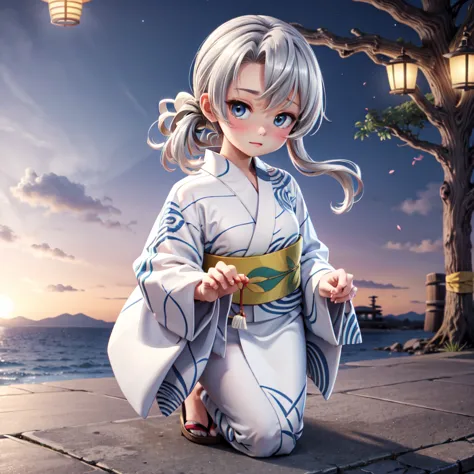 nowakiyukataKC, 1girl, solo, long sleeves, kimono, sash, swept bangs, obi,asymmetrical hair, yukata, white kimono, flipped hair,