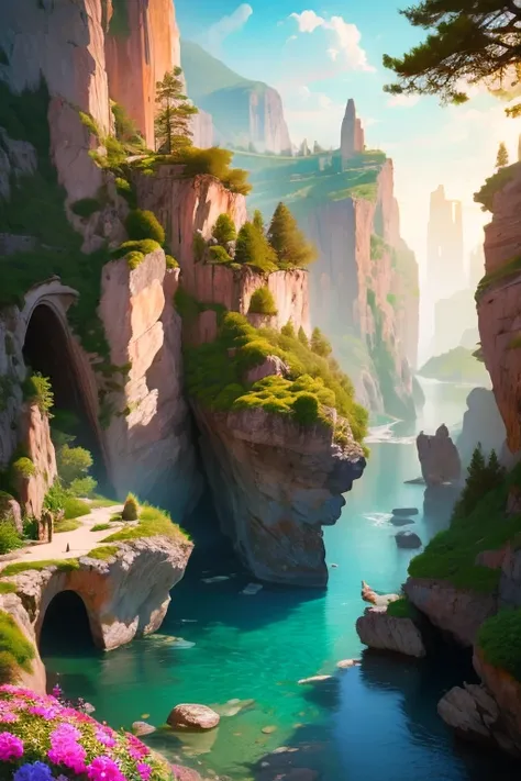  masterpiece, fantasy environment, bottomless abyss, colorful flowers and giant trees. Beautiful sky and rocks in the distance. Adventure landscape .  Top quality ,  Detailed.