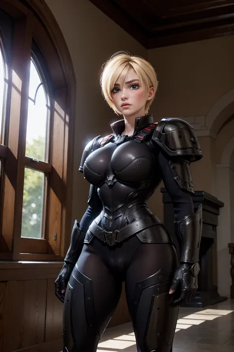 A stunning and intricate full-color Ultra-HD portrait, girl, short golden blonde hair on the left, blue eyes, detailed face, with heavy and tight black and red armor, epic character composition, alessio albi, nina masic, sharp focus, natural lighting. , Su...