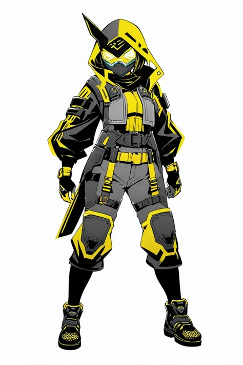 cyberpunk ninja action novel。One female ninja。((white background illustration ))。(( full body illustration))。(( standing))。cyberpunk ninja mask。Executioner Style Outfit。Wear protectors on your elbows and knees。tricolor color with black and gold and gray。